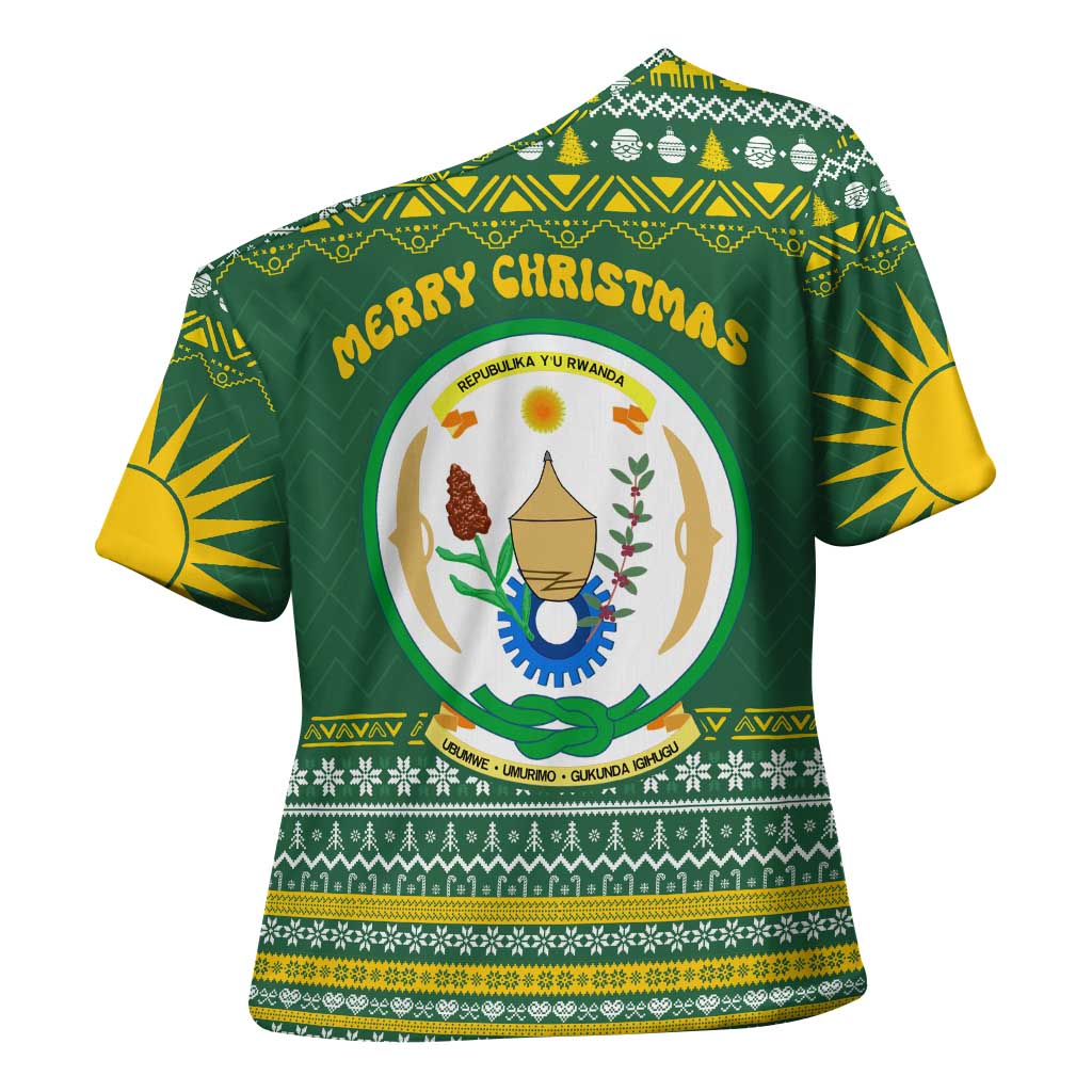 Rwanda Christmas Cross Shoulder Shirt with Green-Yellow Pattern, National Emblem, and Radiant Sun Motif - Wonder Print Shop