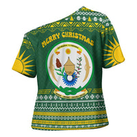 Rwanda Christmas Cross Shoulder Shirt with Green-Yellow Pattern, National Emblem, and Radiant Sun Motif - Wonder Print Shop
