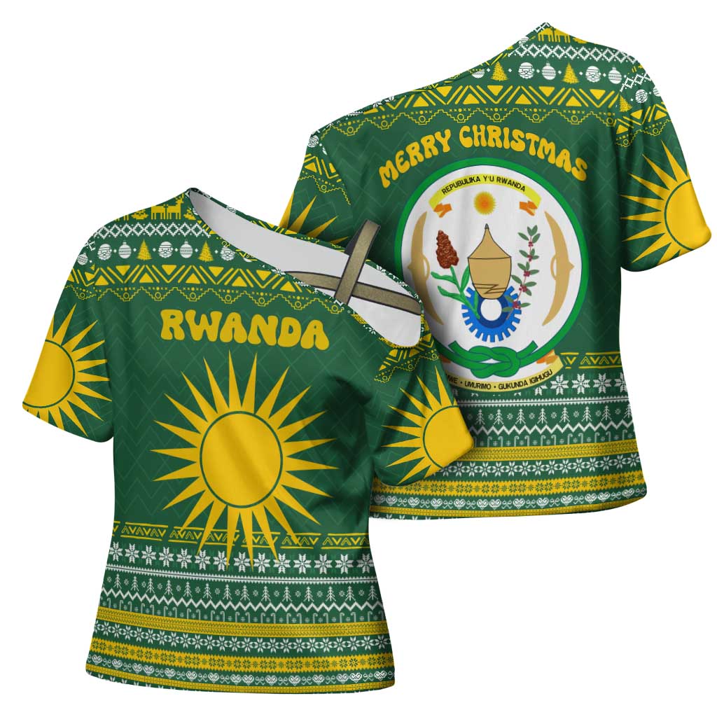 Rwanda Christmas Cross Shoulder Shirt with Green-Yellow Pattern, National Emblem, and Radiant Sun Motif - Wonder Print Shop