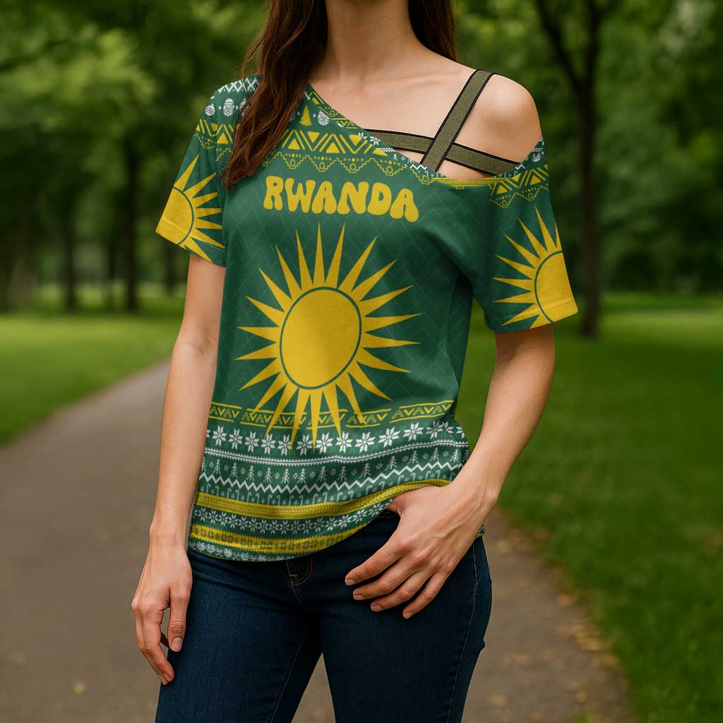 Rwanda Christmas Cross Shoulder Shirt with Green-Yellow Pattern, National Emblem, and Radiant Sun Motif - Wonder Print Shop