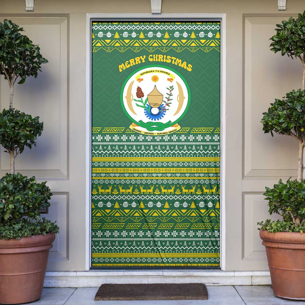 Rwanda Christmas Door Cover with Green-Yellow Pattern, National Emblem, and Radiant Sun Motif - Wonder Print Shop