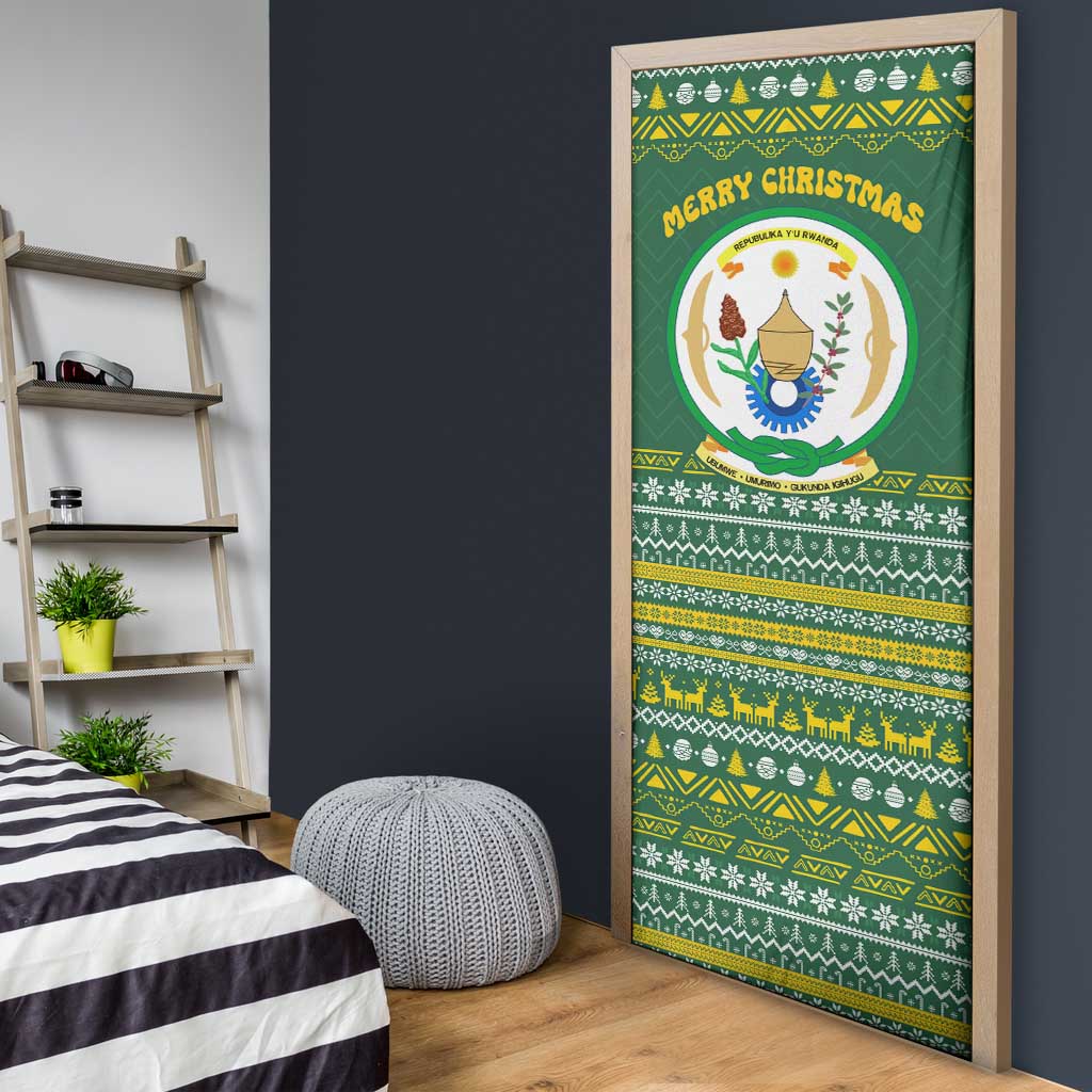 Rwanda Christmas Door Cover with Green-Yellow Pattern, National Emblem, and Radiant Sun Motif - Wonder Print Shop