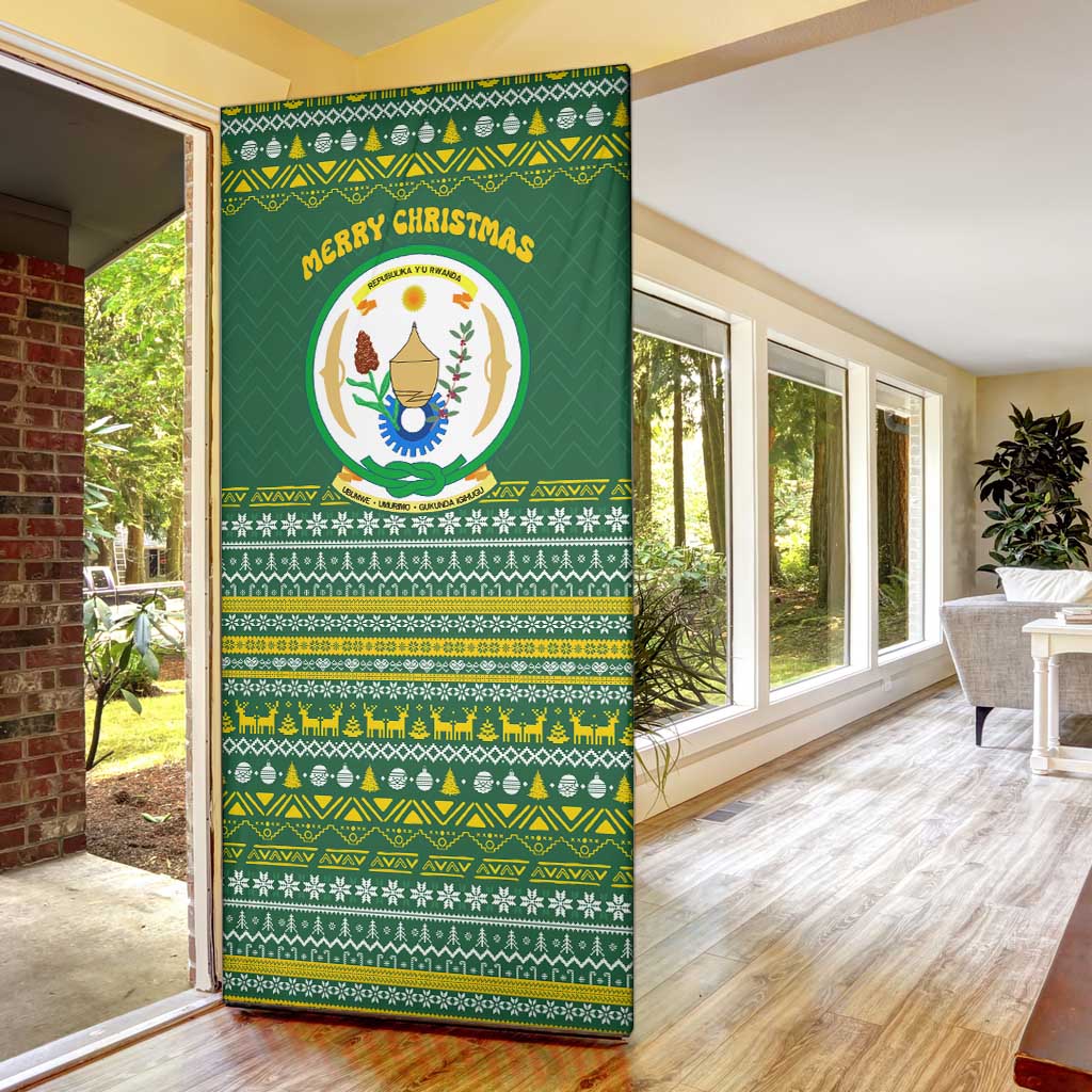 Rwanda Christmas Door Cover with Green-Yellow Pattern, National Emblem, and Radiant Sun Motif - Wonder Print Shop