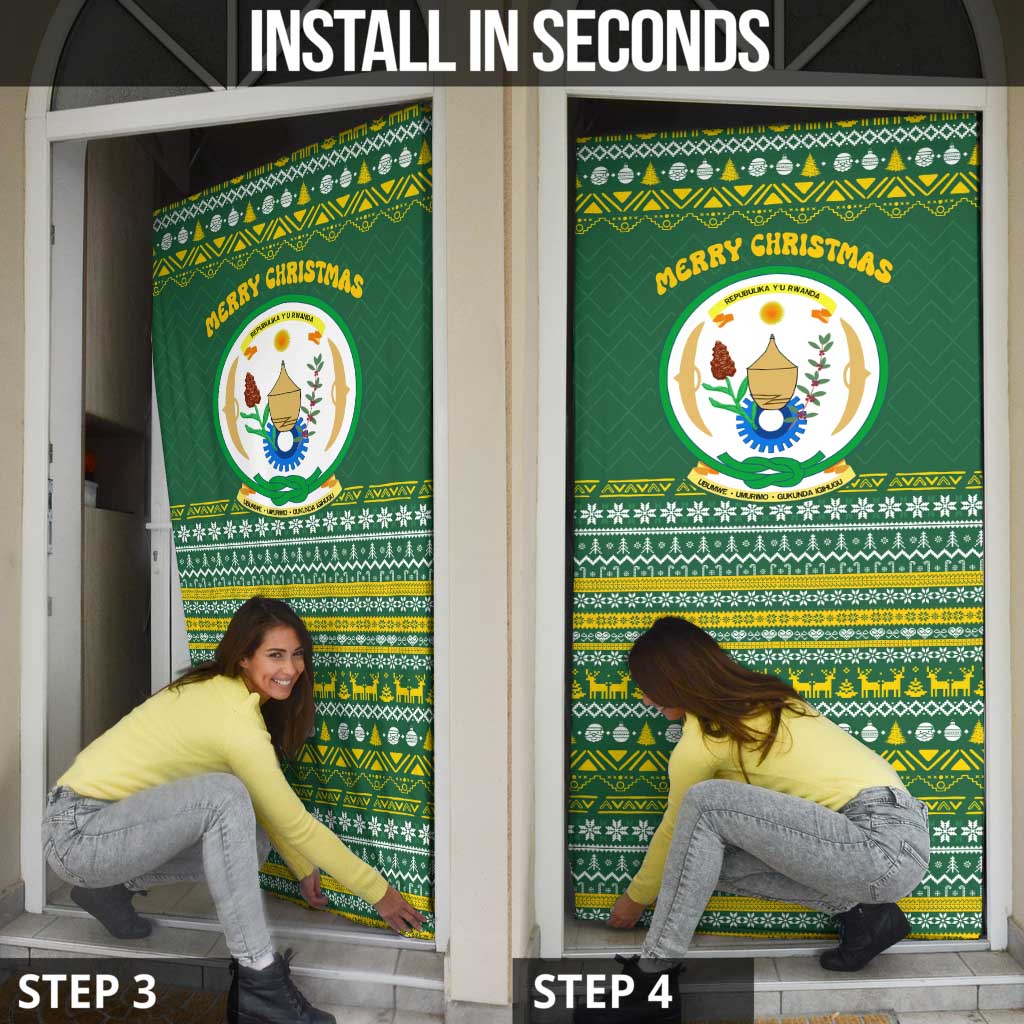 Rwanda Christmas Door Cover with Green-Yellow Pattern, National Emblem, and Radiant Sun Motif - Wonder Print Shop