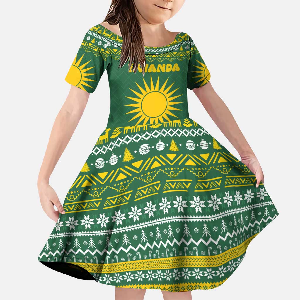 Rwanda Christmas Family Matching Long Sleeve Bodycon Dress and Hawaiian Shirt with Green-Yellow Pattern, National Emblem, and Radiant Sun Motif - Wonder Print Shop
