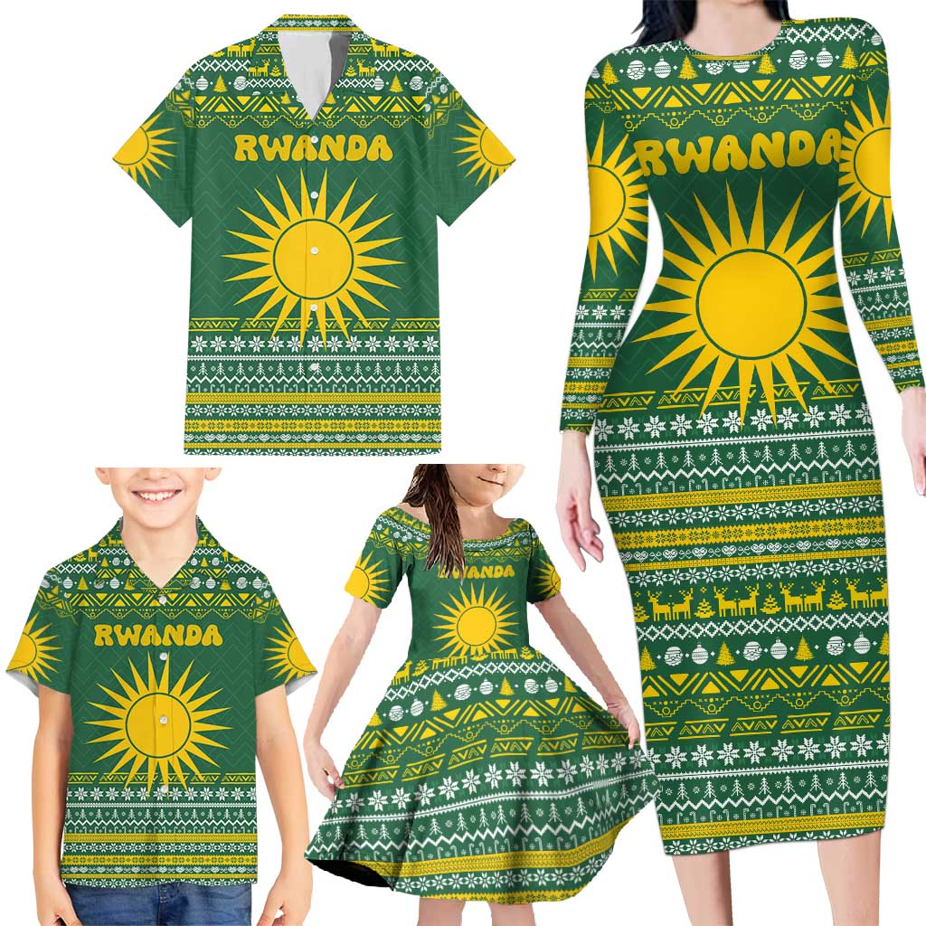 Rwanda Christmas Family Matching Long Sleeve Bodycon Dress and Hawaiian Shirt with Green-Yellow Pattern, National Emblem, and Radiant Sun Motif - Wonder Print Shop