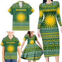 Rwanda Christmas Family Matching Long Sleeve Bodycon Dress and Hawaiian Shirt with Green-Yellow Pattern, National Emblem, and Radiant Sun Motif - Wonder Print Shop