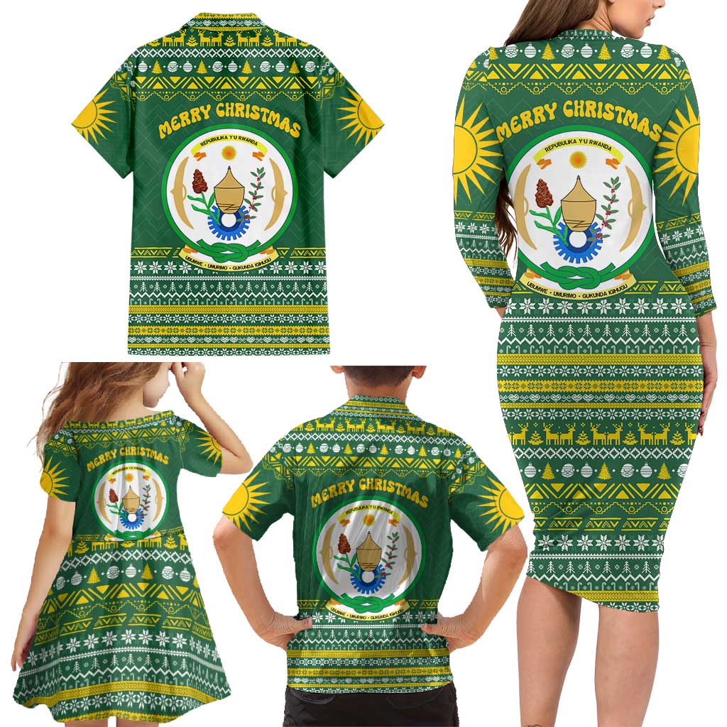 Rwanda Christmas Family Matching Long Sleeve Bodycon Dress and Hawaiian Shirt with Green-Yellow Pattern, National Emblem, and Radiant Sun Motif - Wonder Print Shop