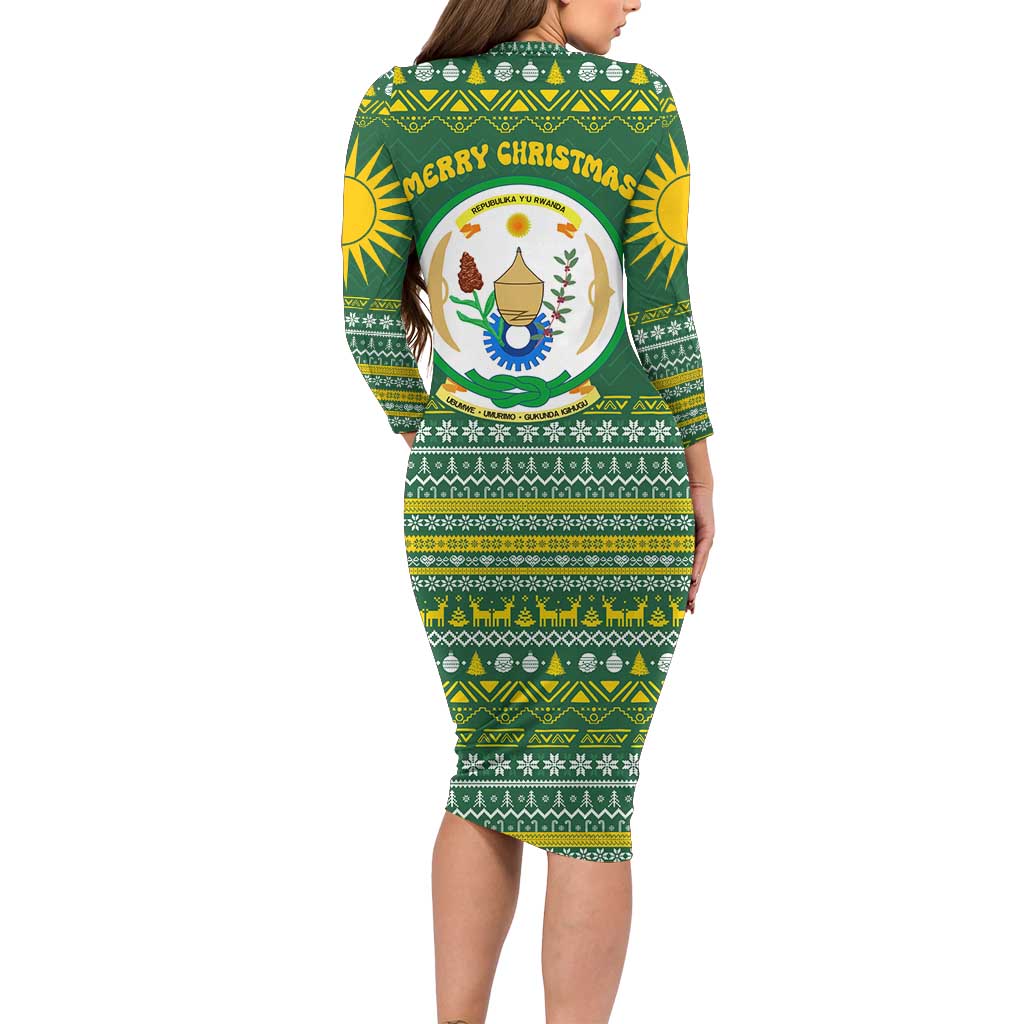 Rwanda Christmas Family Matching Long Sleeve Bodycon Dress and Hawaiian Shirt with Green-Yellow Pattern, National Emblem, and Radiant Sun Motif - Wonder Print Shop