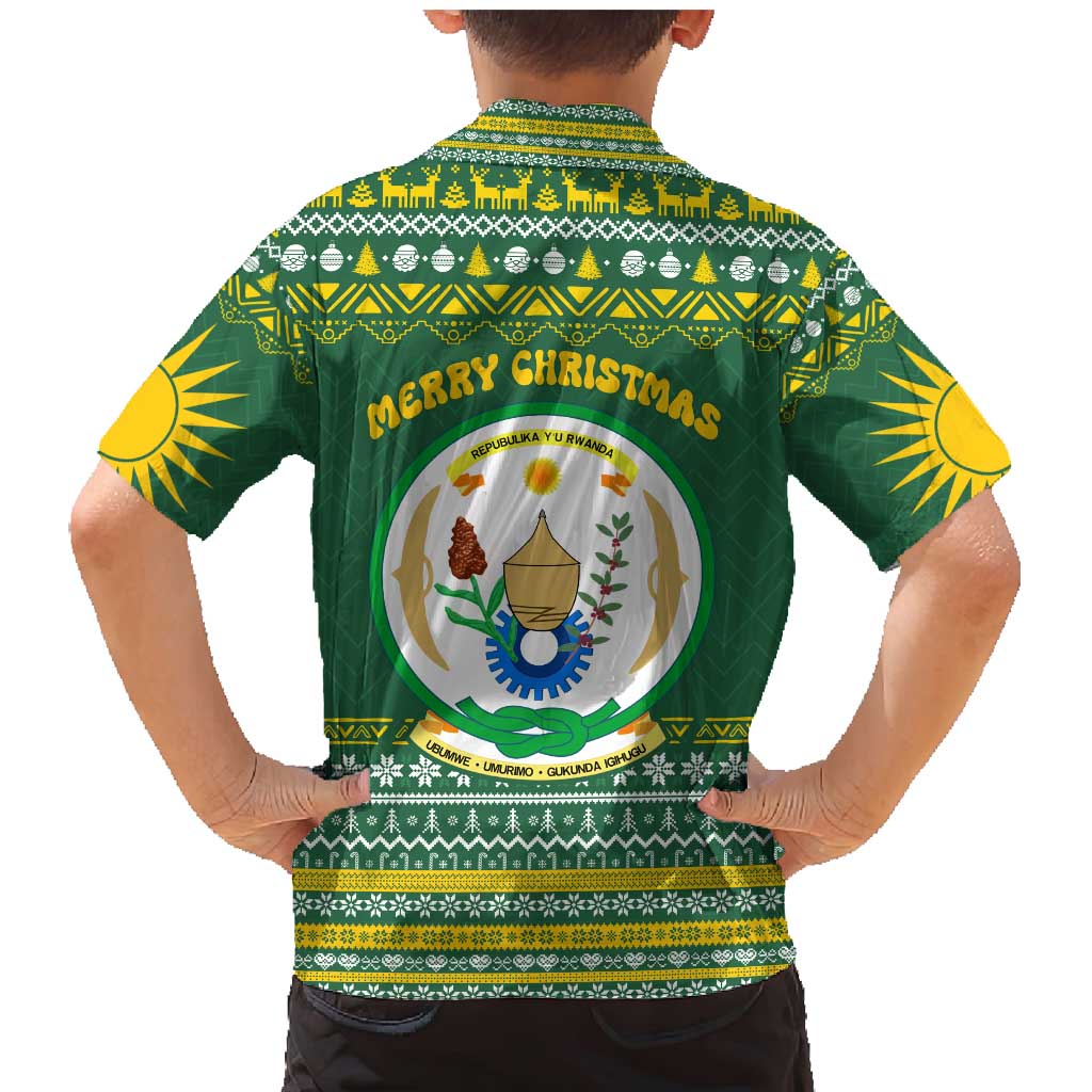 Rwanda Christmas Family Matching Mermaid Dress and Hawaiian Shirt with Green-Yellow Pattern, National Emblem, and Radiant Sun Motif - Wonder Print Shop