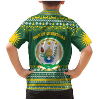 Rwanda Christmas Family Matching Mermaid Dress and Hawaiian Shirt with Green-Yellow Pattern, National Emblem, and Radiant Sun Motif - Wonder Print Shop