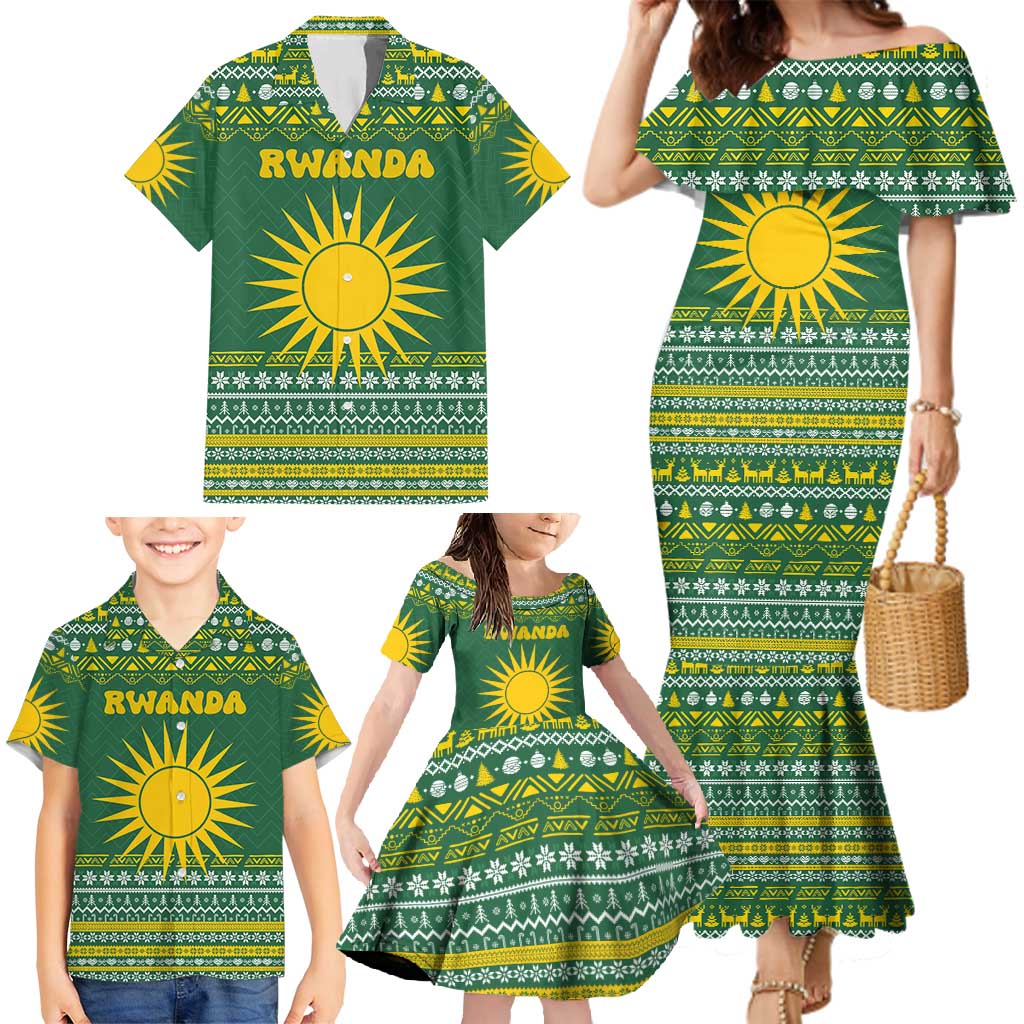 Rwanda Christmas Family Matching Mermaid Dress and Hawaiian Shirt with Green-Yellow Pattern, National Emblem, and Radiant Sun Motif - Wonder Print Shop