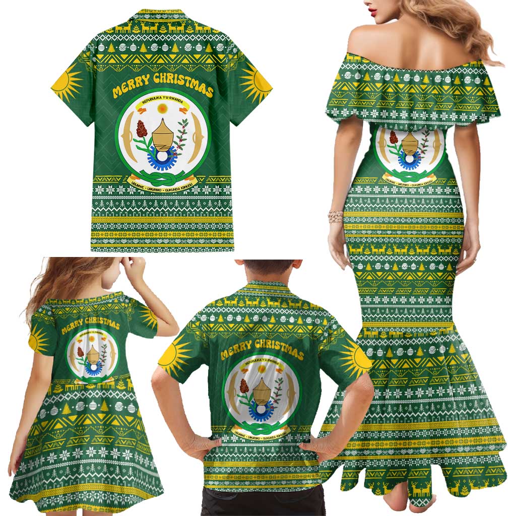 Rwanda Christmas Family Matching Mermaid Dress and Hawaiian Shirt with Green-Yellow Pattern, National Emblem, and Radiant Sun Motif - Wonder Print Shop