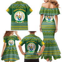 Rwanda Christmas Family Matching Mermaid Dress and Hawaiian Shirt with Green-Yellow Pattern, National Emblem, and Radiant Sun Motif - Wonder Print Shop