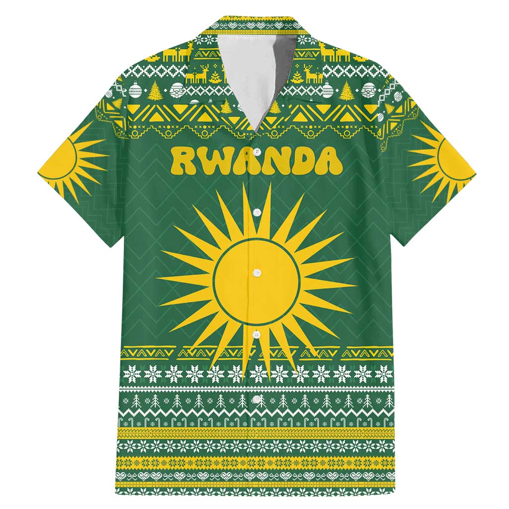 Rwanda Christmas Family Matching Mermaid Dress and Hawaiian Shirt with Green-Yellow Pattern, National Emblem, and Radiant Sun Motif - Wonder Print Shop