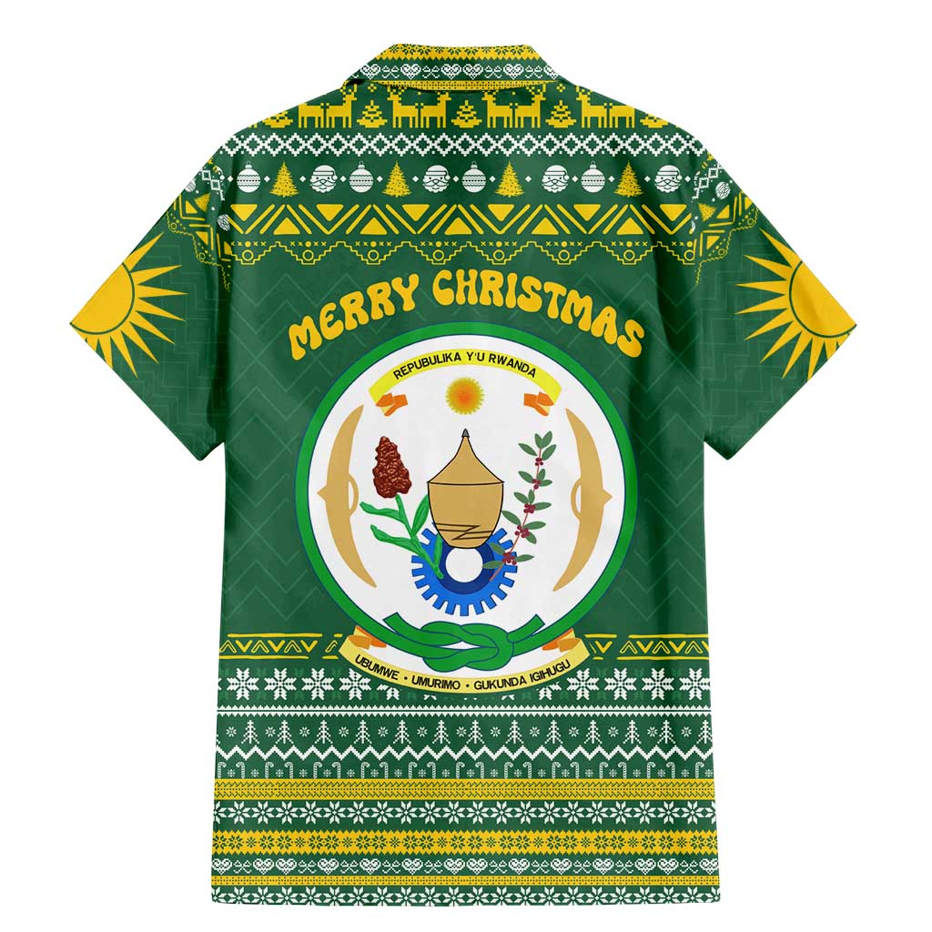 Rwanda Christmas Family Matching Mermaid Dress and Hawaiian Shirt with Green-Yellow Pattern, National Emblem, and Radiant Sun Motif - Wonder Print Shop