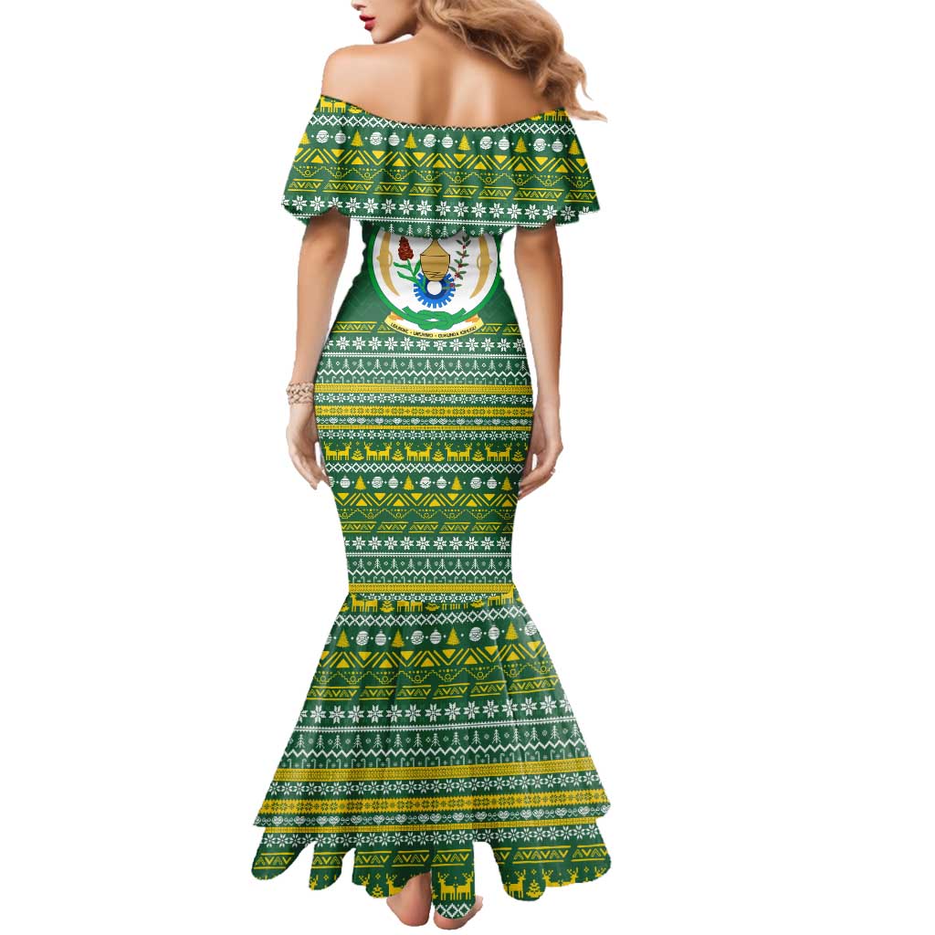 Rwanda Christmas Family Matching Mermaid Dress and Hawaiian Shirt with Green-Yellow Pattern, National Emblem, and Radiant Sun Motif - Wonder Print Shop