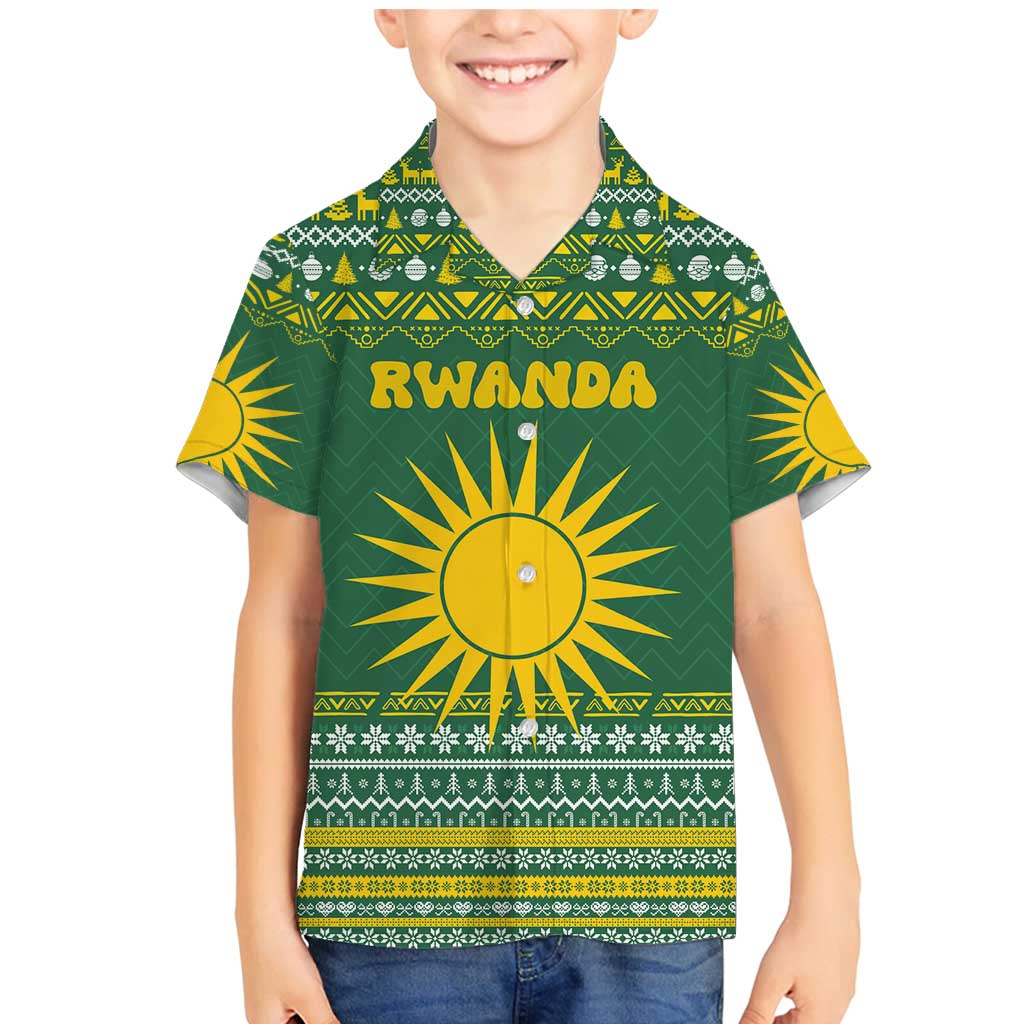 Rwanda Christmas Family Matching Mermaid Dress and Hawaiian Shirt with Green-Yellow Pattern, National Emblem, and Radiant Sun Motif - Wonder Print Shop