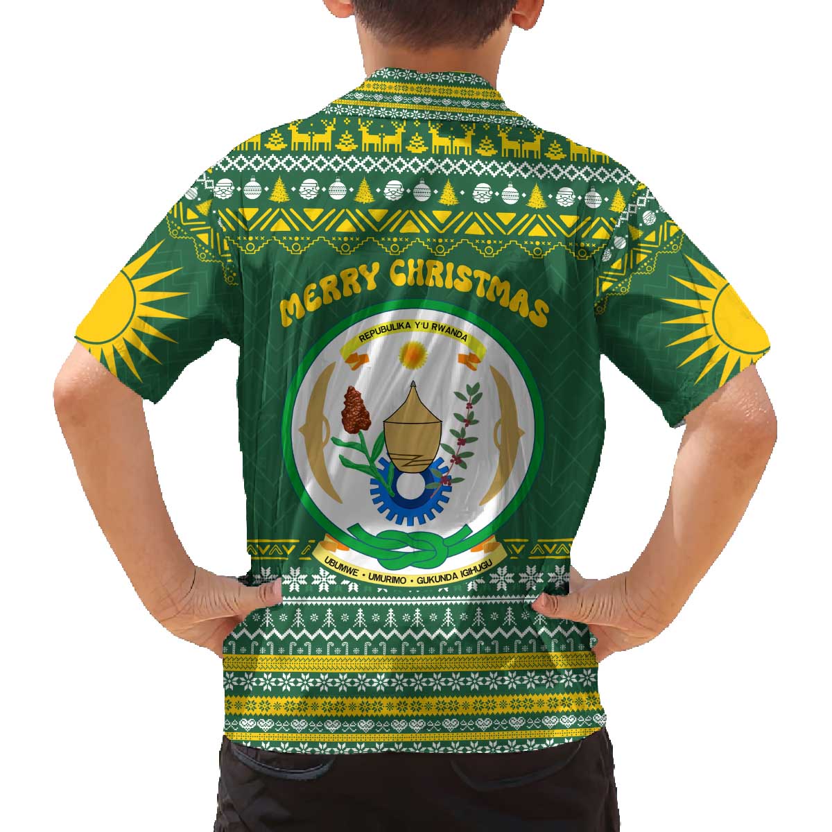 Rwanda Christmas Family Matching Off The Shoulder Long Sleeve Dress and Hawaiian Shirt with Green-Yellow Pattern, National Emblem, and Radiant Sun Motif - Wonder Print Shop