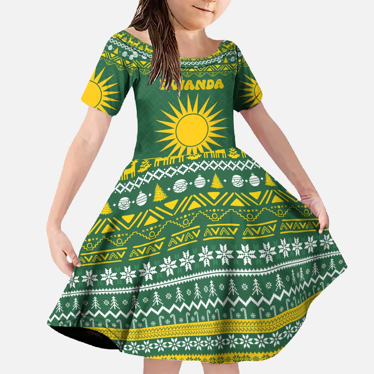 Rwanda Christmas Family Matching Off The Shoulder Long Sleeve Dress and Hawaiian Shirt with Green-Yellow Pattern, National Emblem, and Radiant Sun Motif - Wonder Print Shop