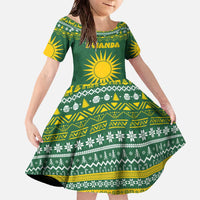 Rwanda Christmas Family Matching Off The Shoulder Long Sleeve Dress and Hawaiian Shirt with Green-Yellow Pattern, National Emblem, and Radiant Sun Motif - Wonder Print Shop