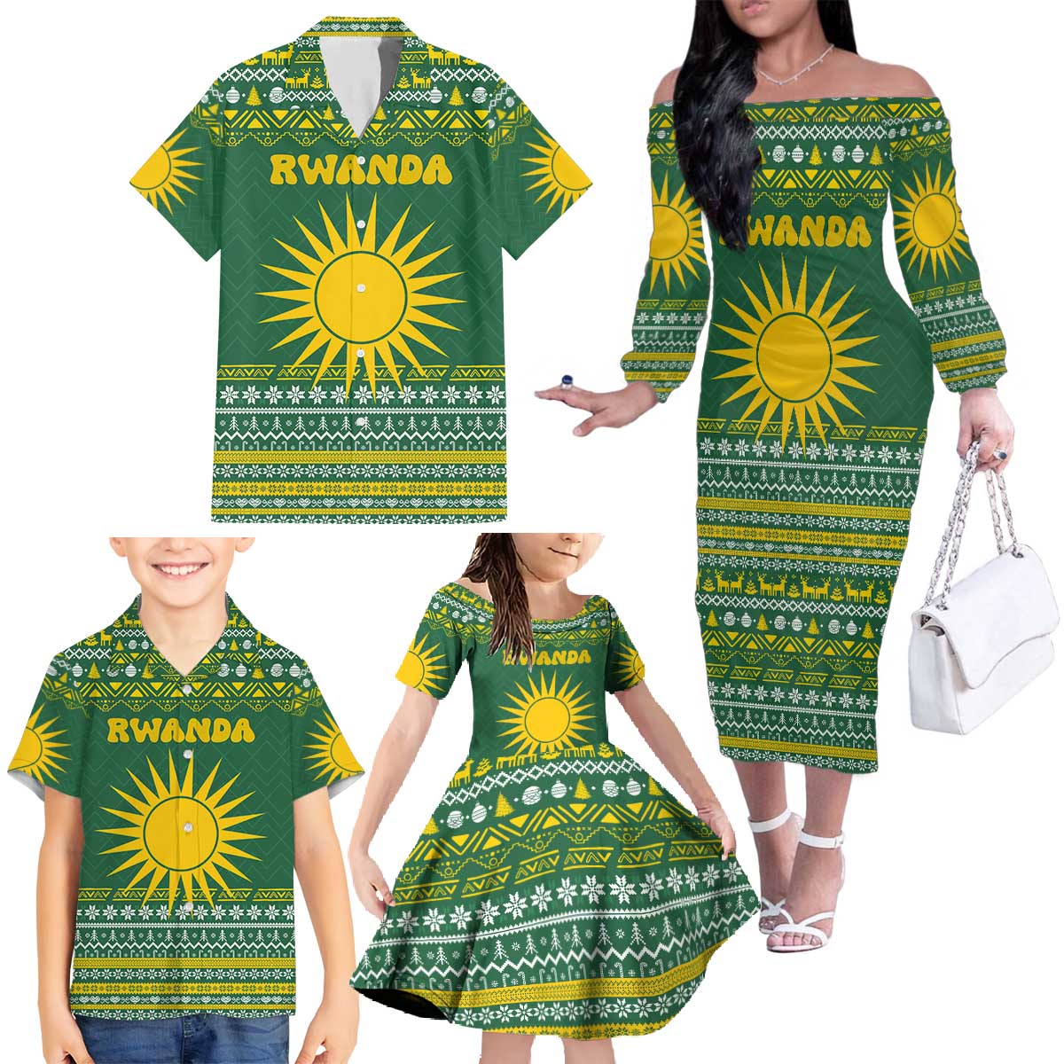 Rwanda Christmas Family Matching Off The Shoulder Long Sleeve Dress and Hawaiian Shirt with Green-Yellow Pattern, National Emblem, and Radiant Sun Motif - Wonder Print Shop