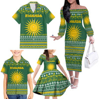 Rwanda Christmas Family Matching Off The Shoulder Long Sleeve Dress and Hawaiian Shirt with Green-Yellow Pattern, National Emblem, and Radiant Sun Motif - Wonder Print Shop