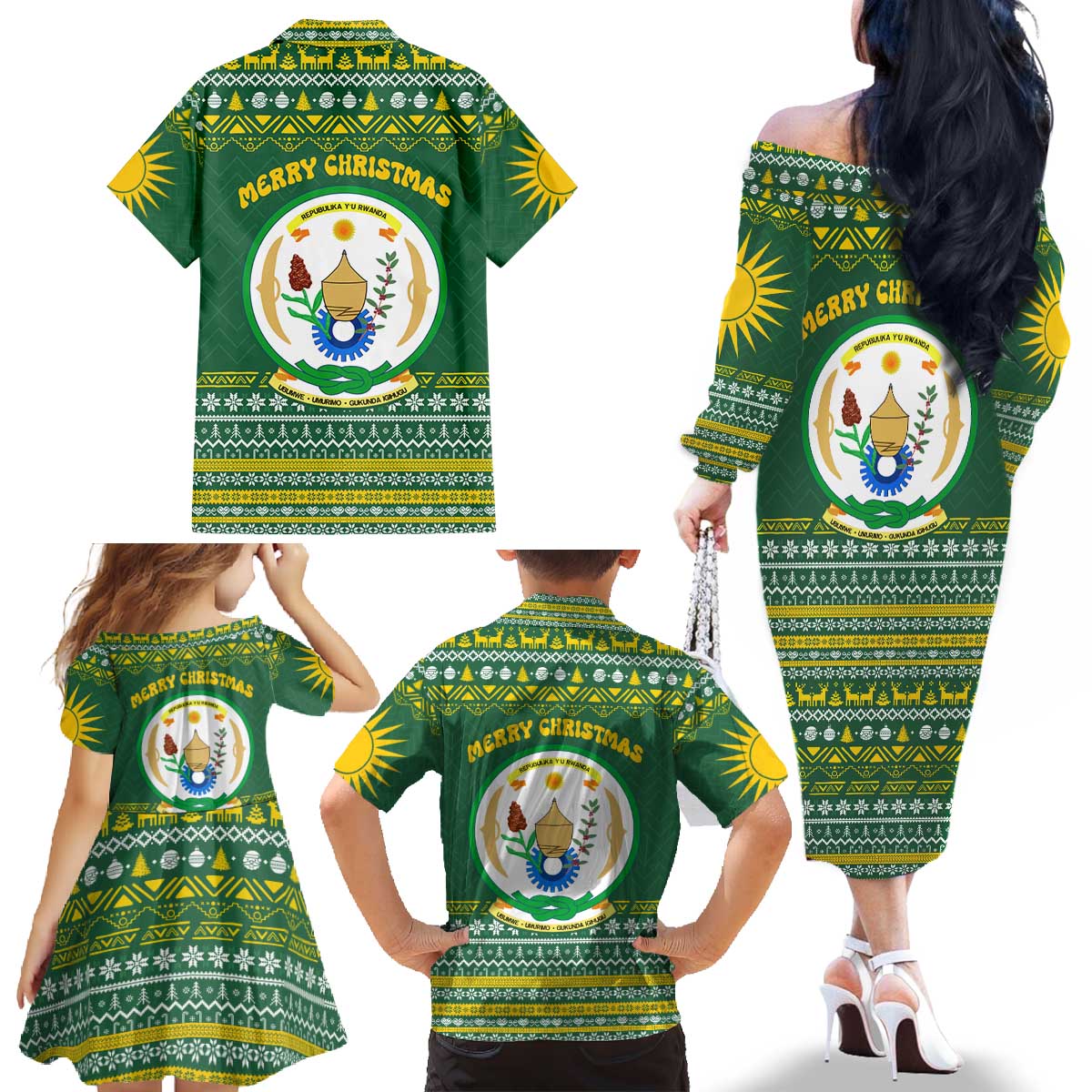 Rwanda Christmas Family Matching Off The Shoulder Long Sleeve Dress and Hawaiian Shirt with Green-Yellow Pattern, National Emblem, and Radiant Sun Motif - Wonder Print Shop
