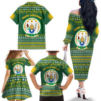 Rwanda Christmas Family Matching Off The Shoulder Long Sleeve Dress and Hawaiian Shirt with Green-Yellow Pattern, National Emblem, and Radiant Sun Motif - Wonder Print Shop