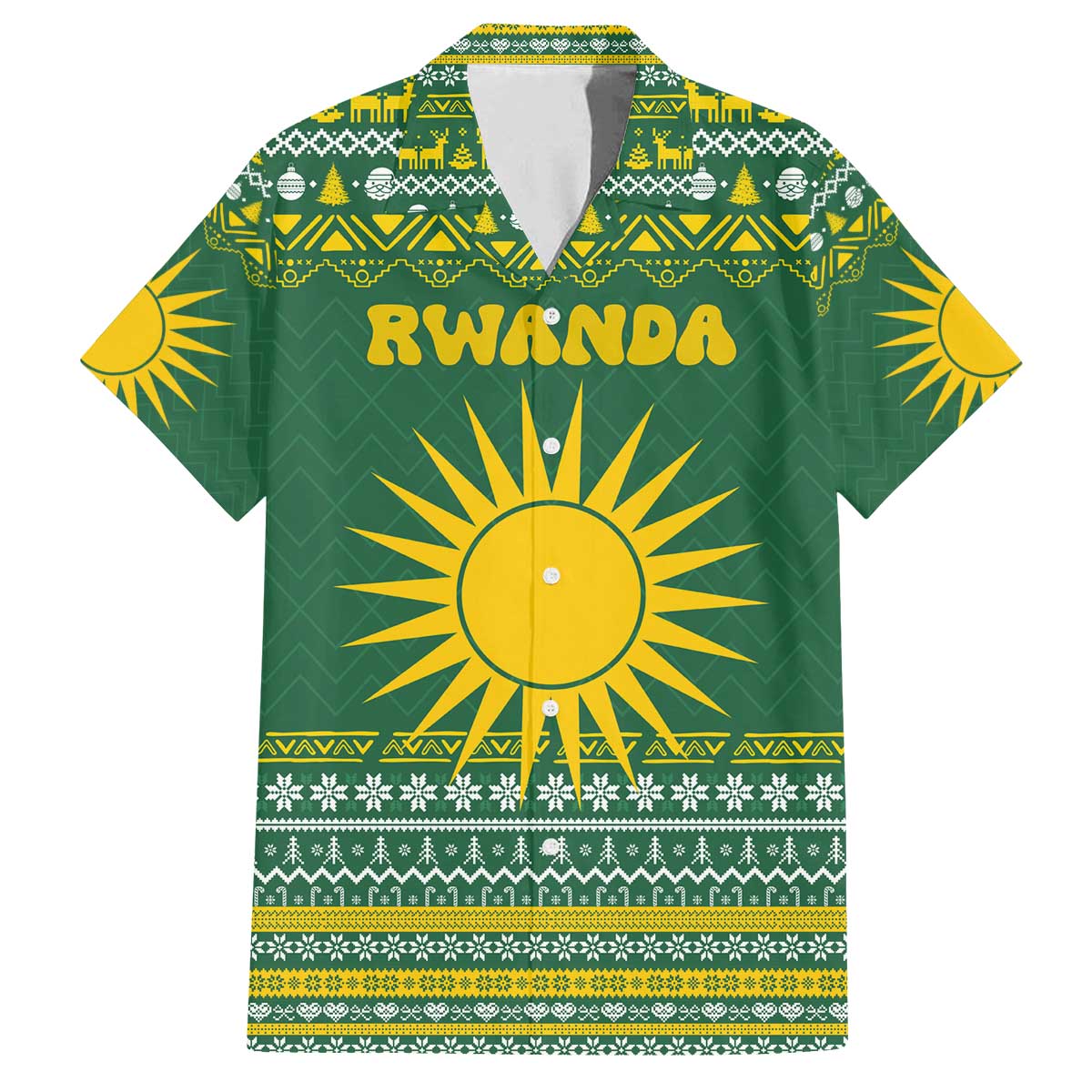 Rwanda Christmas Family Matching Off The Shoulder Long Sleeve Dress and Hawaiian Shirt with Green-Yellow Pattern, National Emblem, and Radiant Sun Motif - Wonder Print Shop