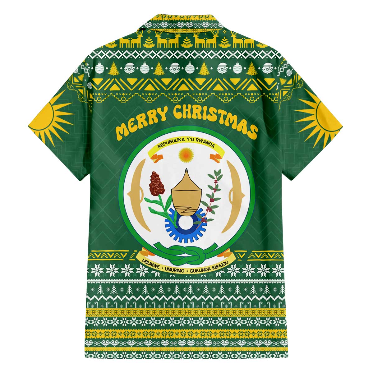 Rwanda Christmas Family Matching Off The Shoulder Long Sleeve Dress and Hawaiian Shirt with Green-Yellow Pattern, National Emblem, and Radiant Sun Motif - Wonder Print Shop