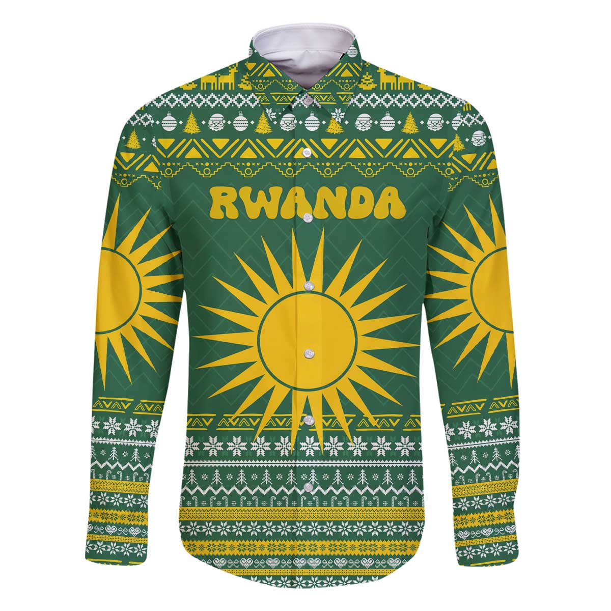 Rwanda Christmas Family Matching Off The Shoulder Long Sleeve Dress and Hawaiian Shirt with Green-Yellow Pattern, National Emblem, and Radiant Sun Motif - Wonder Print Shop