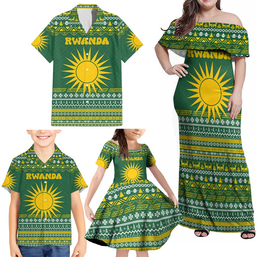 Rwanda Christmas Family Matching Off Shoulder Maxi Dress and Hawaiian Shirt with Green-Yellow Pattern, National Emblem, and Radiant Sun Motif - Wonder Print Shop