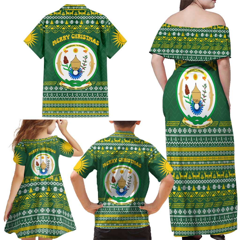Rwanda Christmas Family Matching Off Shoulder Maxi Dress and Hawaiian Shirt with Green-Yellow Pattern, National Emblem, and Radiant Sun Motif - Wonder Print Shop