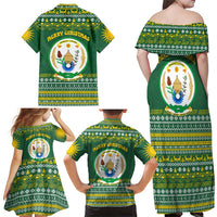 Rwanda Christmas Family Matching Off Shoulder Maxi Dress and Hawaiian Shirt with Green-Yellow Pattern, National Emblem, and Radiant Sun Motif - Wonder Print Shop