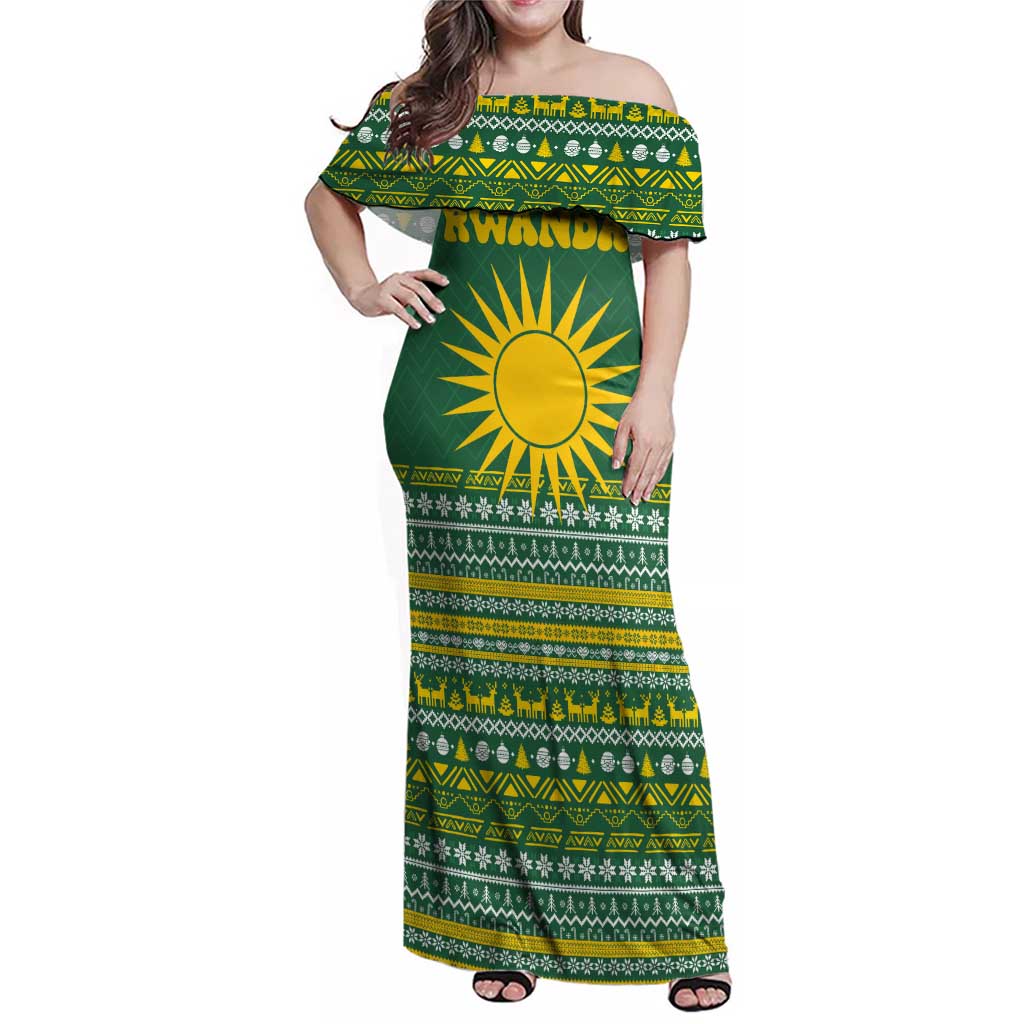 Rwanda Christmas Family Matching Off Shoulder Maxi Dress and Hawaiian Shirt with Green-Yellow Pattern, National Emblem, and Radiant Sun Motif - Wonder Print Shop