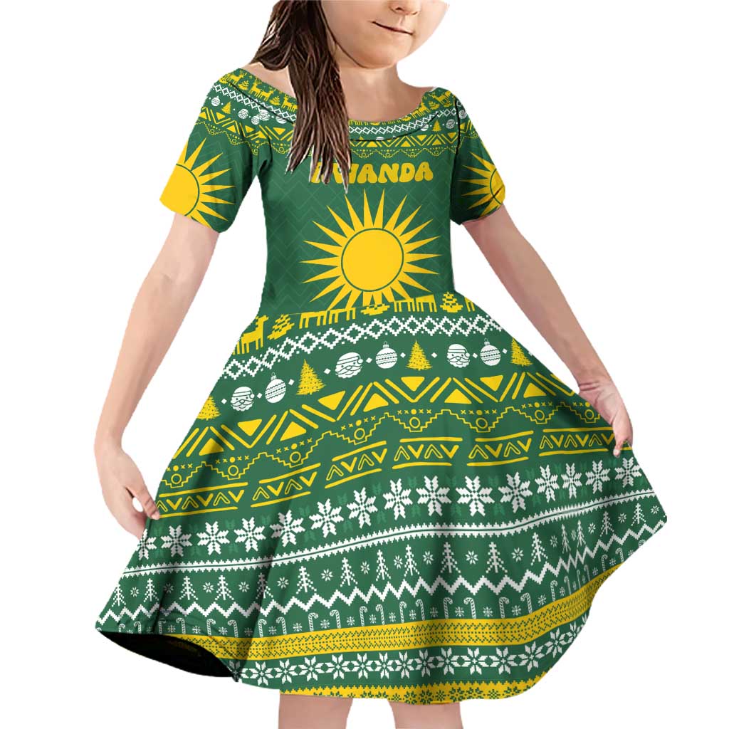 Rwanda Christmas Family Matching Off Shoulder Short Dress and Hawaiian Shirt with Green-Yellow Pattern, National Emblem, and Radiant Sun Motif - Wonder Print Shop