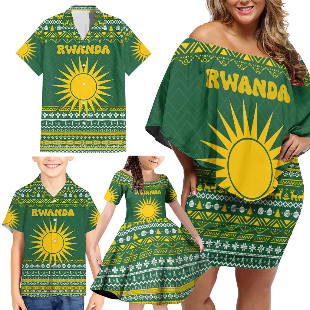 Rwanda Christmas Family Matching Off Shoulder Short Dress and Hawaiian Shirt with Green-Yellow Pattern, National Emblem, and Radiant Sun Motif - Wonder Print Shop