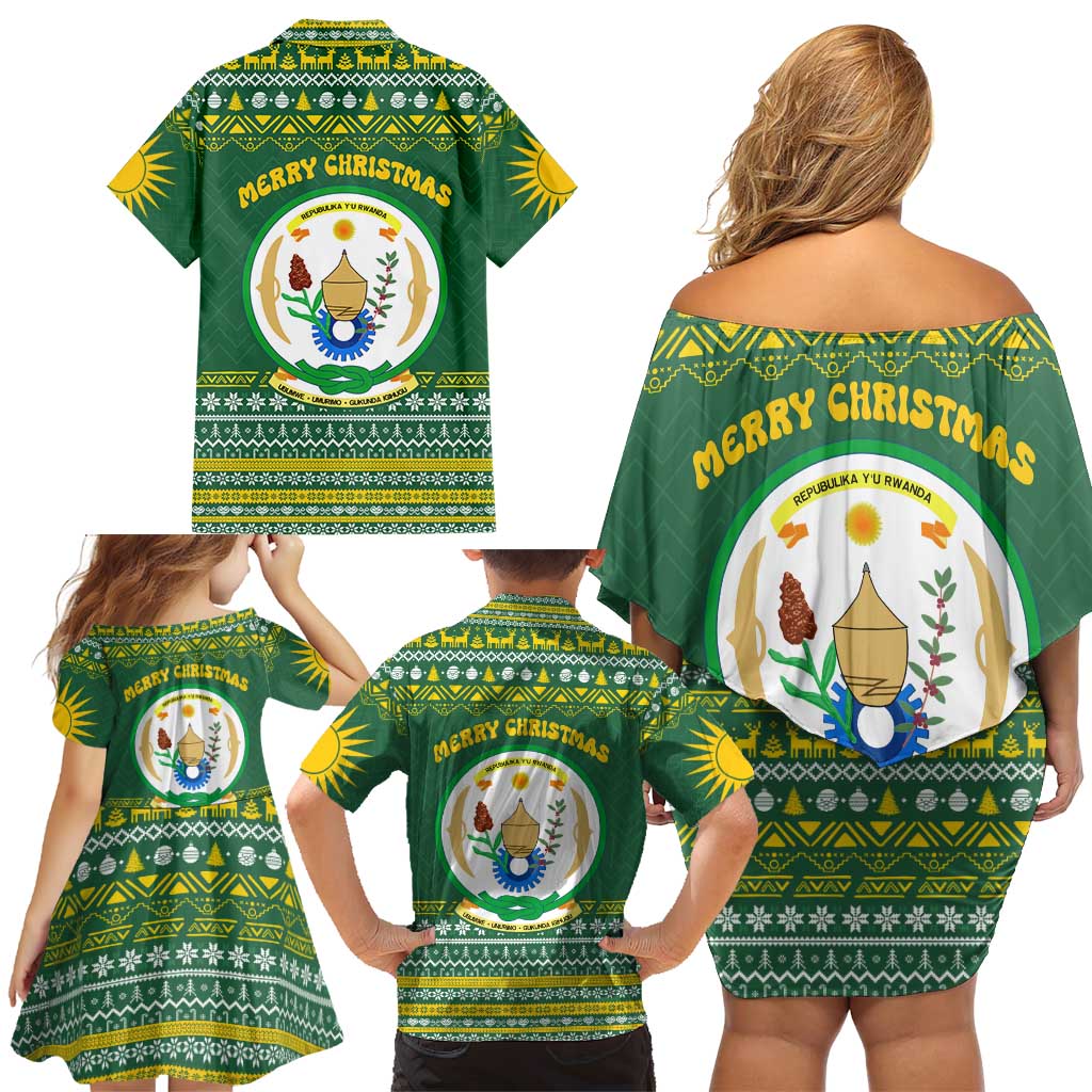 Rwanda Christmas Family Matching Off Shoulder Short Dress and Hawaiian Shirt with Green-Yellow Pattern, National Emblem, and Radiant Sun Motif - Wonder Print Shop