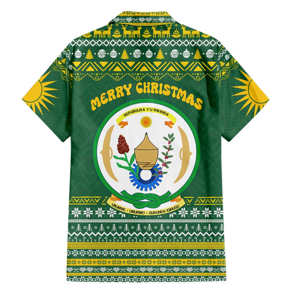 Rwanda Christmas Family Matching Off Shoulder Short Dress and Hawaiian Shirt with Green-Yellow Pattern, National Emblem, and Radiant Sun Motif - Wonder Print Shop