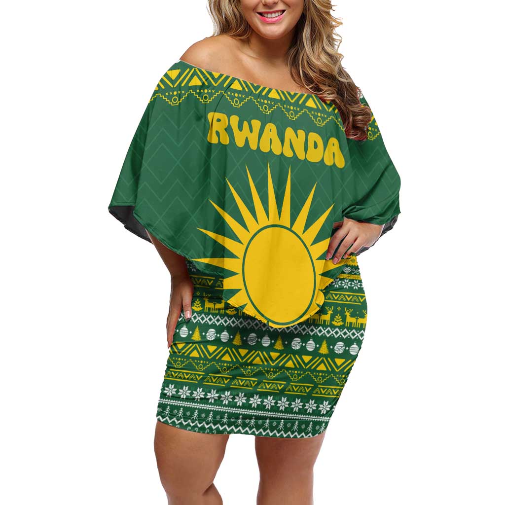Rwanda Christmas Family Matching Off Shoulder Short Dress and Hawaiian Shirt with Green-Yellow Pattern, National Emblem, and Radiant Sun Motif - Wonder Print Shop