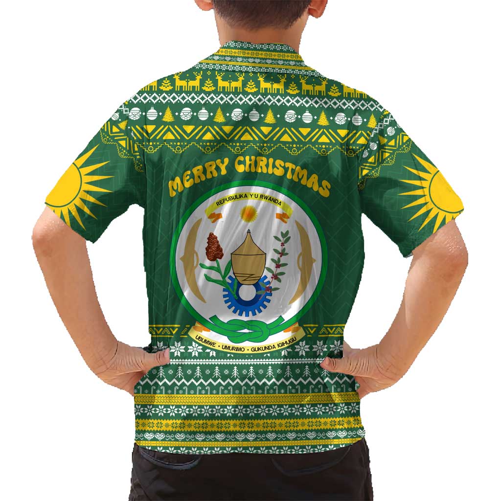 Rwanda Christmas Family Matching Puletasi and Hawaiian Shirt with Green-Yellow Pattern, National Emblem, and Radiant Sun Motif - Wonder Print Shop
