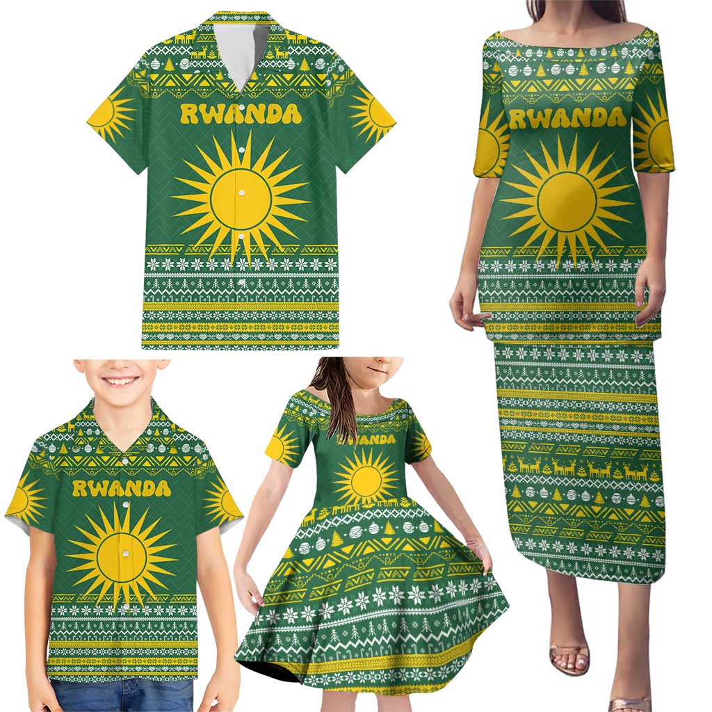 Rwanda Christmas Family Matching Puletasi and Hawaiian Shirt with Green-Yellow Pattern, National Emblem, and Radiant Sun Motif - Wonder Print Shop