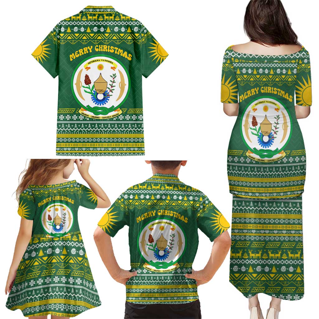 Rwanda Christmas Family Matching Puletasi and Hawaiian Shirt with Green-Yellow Pattern, National Emblem, and Radiant Sun Motif - Wonder Print Shop