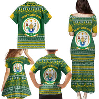 Rwanda Christmas Family Matching Puletasi and Hawaiian Shirt with Green-Yellow Pattern, National Emblem, and Radiant Sun Motif - Wonder Print Shop