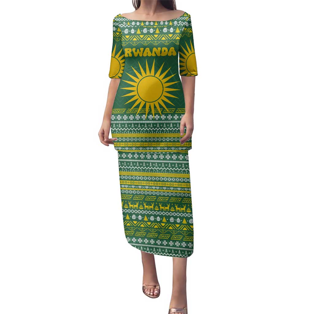 Rwanda Christmas Family Matching Puletasi and Hawaiian Shirt with Green-Yellow Pattern, National Emblem, and Radiant Sun Motif - Wonder Print Shop