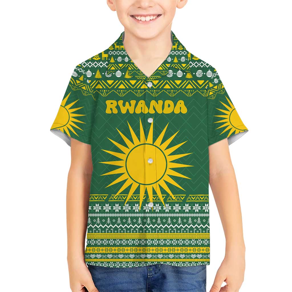 Rwanda Christmas Family Matching Puletasi and Hawaiian Shirt with Green-Yellow Pattern, National Emblem, and Radiant Sun Motif - Wonder Print Shop