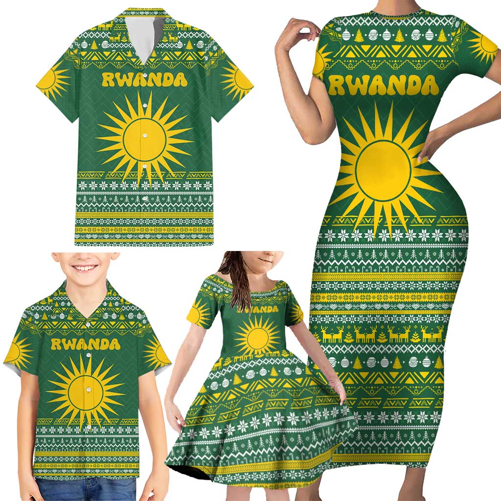 Rwanda Christmas Family Matching Short Sleeve Bodycon Dress and Hawaiian Shirt with Green-Yellow Pattern, National Emblem, and Radiant Sun Motif - Wonder Print Shop