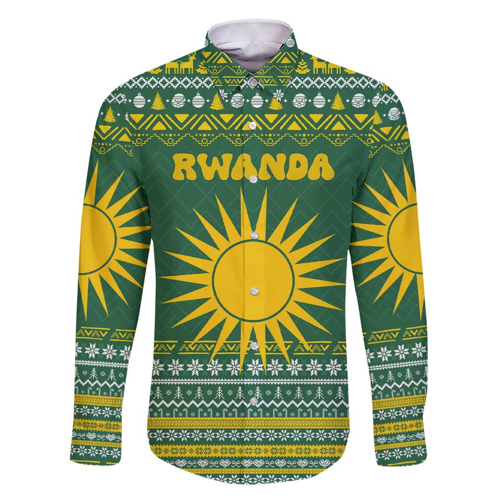 Rwanda Christmas Family Matching Short Sleeve Bodycon Dress and Hawaiian Shirt with Green-Yellow Pattern, National Emblem, and Radiant Sun Motif - Wonder Print Shop
