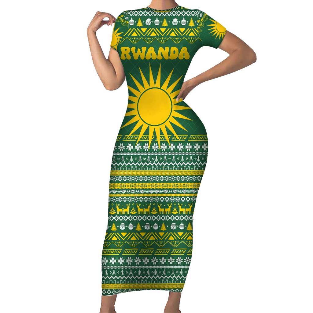 Rwanda Christmas Family Matching Short Sleeve Bodycon Dress and Hawaiian Shirt with Green-Yellow Pattern, National Emblem, and Radiant Sun Motif - Wonder Print Shop